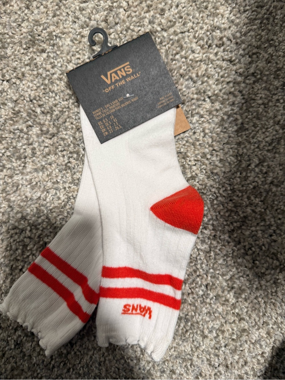 Vans White Crew Socks with Red Heel and Stripe Accents